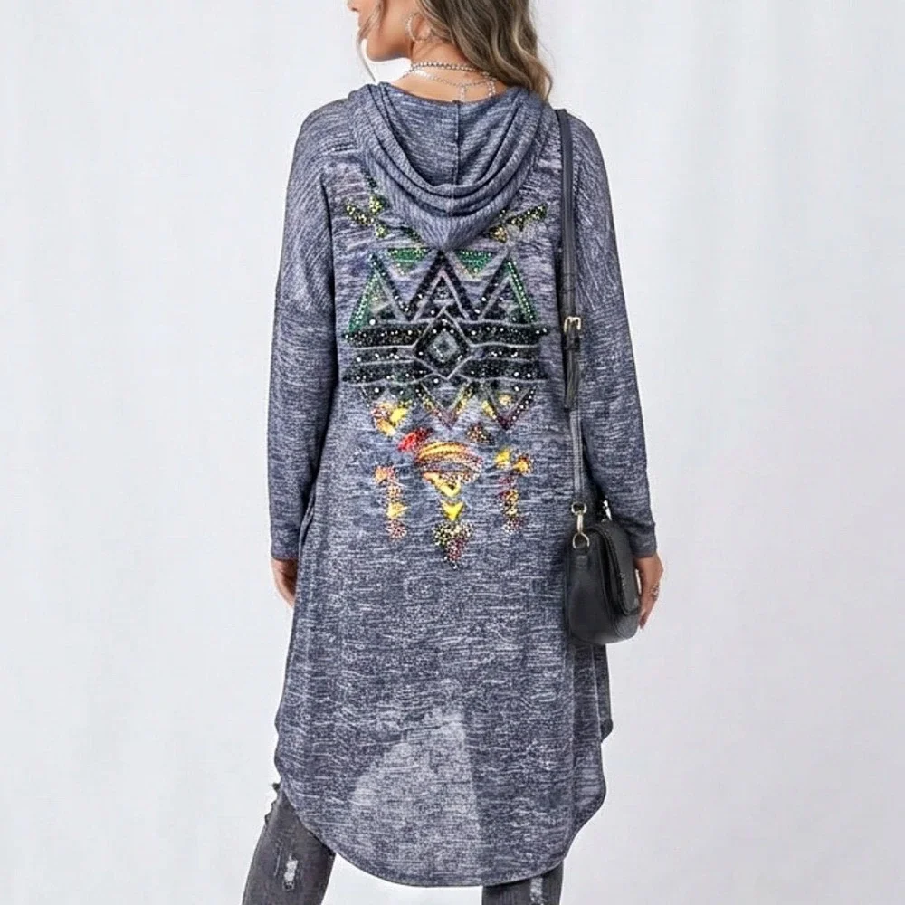 Vocal Hooded Blue Knit Duster Sz L Long Cardigan Rhinestone Stud Southwest Y2K